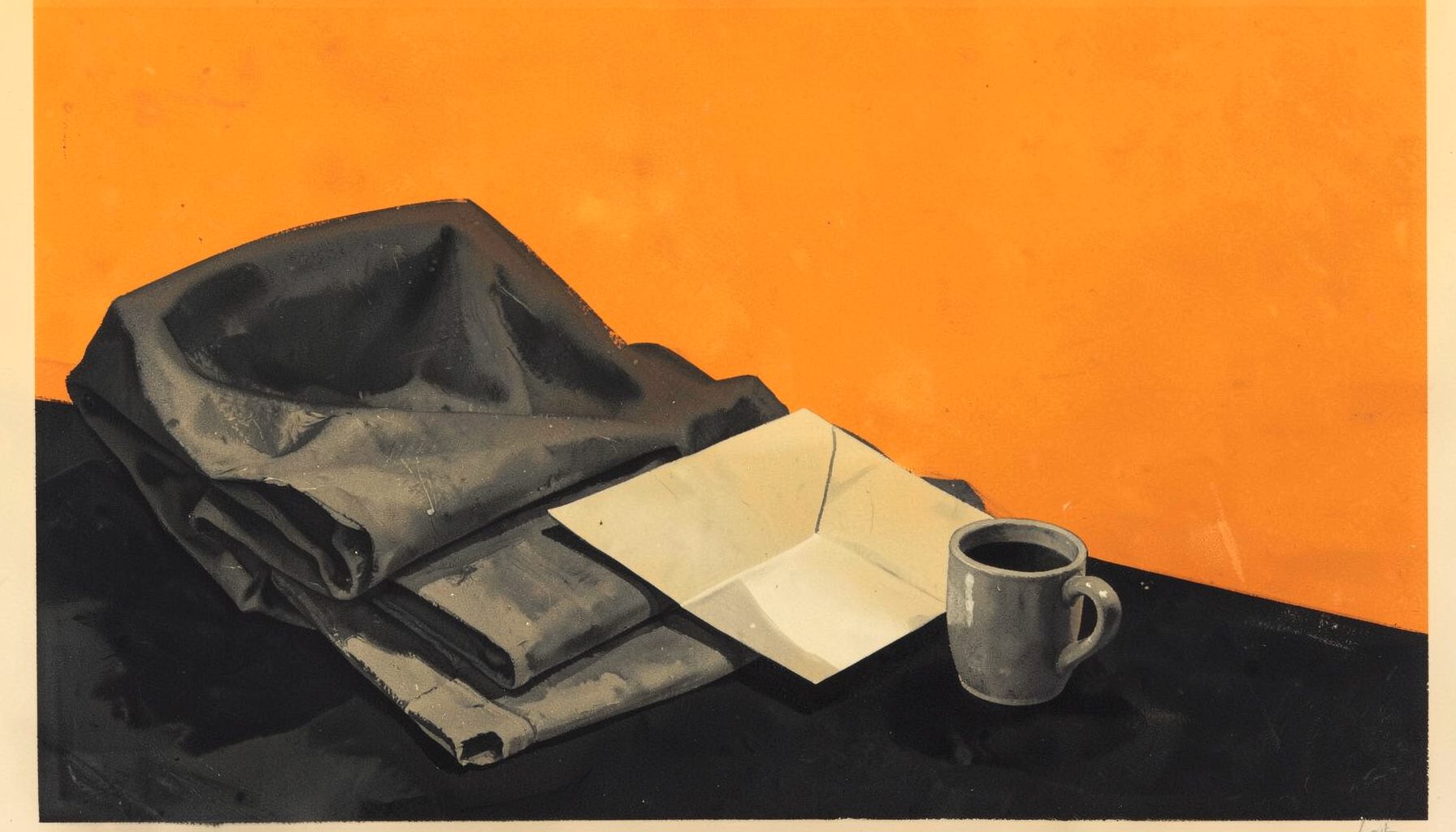 A matte gouache-style painting in deep charcoal and muted ochre tones, showing a quiet still-life of folded fabric, a folded letter, and a small bowl arranged on a soft cream surface