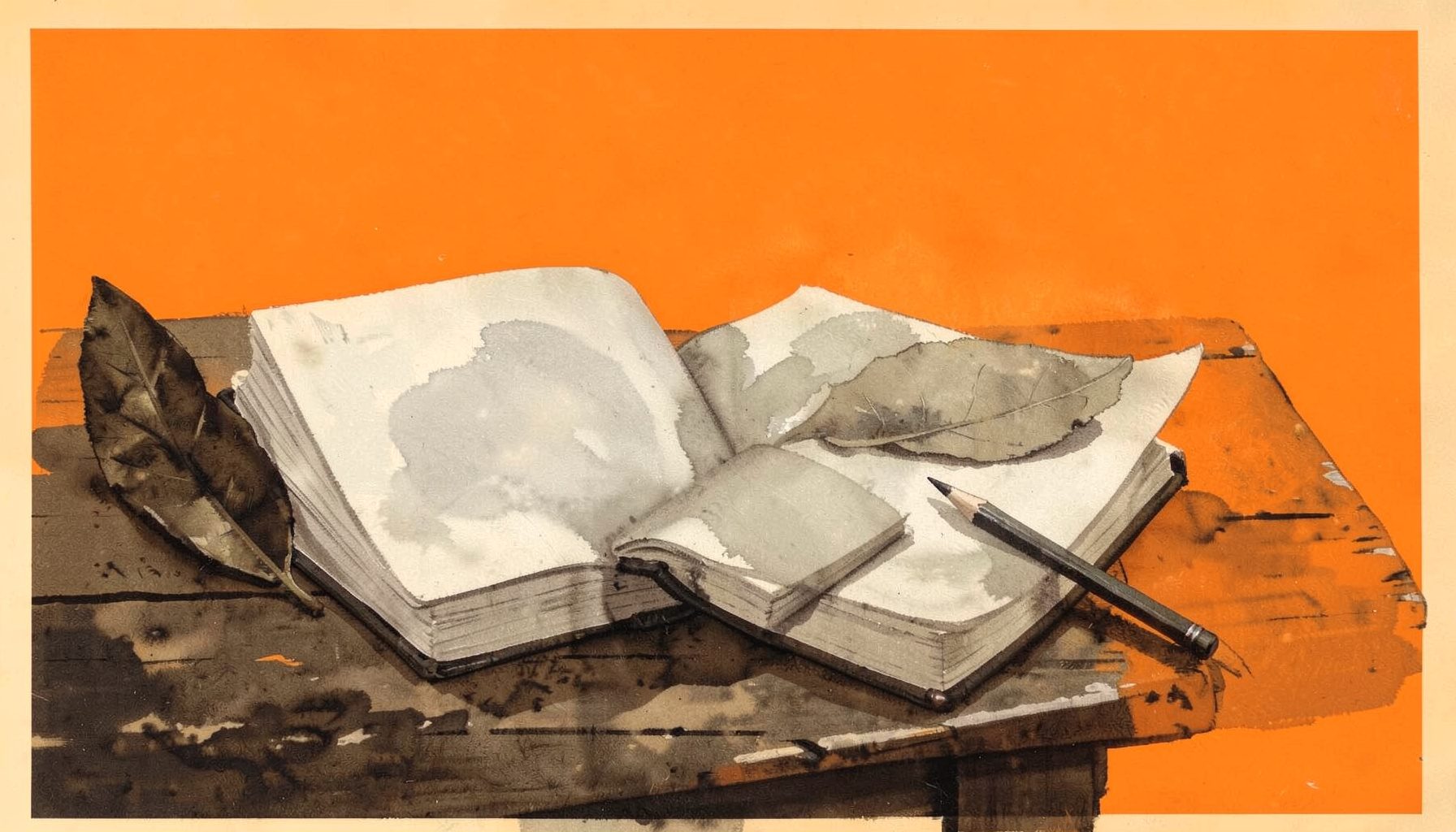 A muted gouache illustration in dark sepia, gray, and tan tones depicting an open notebook beside a single pressed leaf