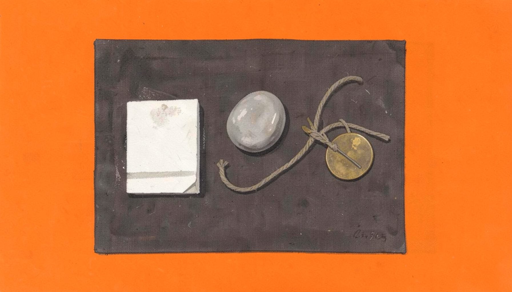 A subdued gouache painting in graphite gray, off-white, and warm bronze tones, depicting a careful arrangement of five small stones on a linen surface